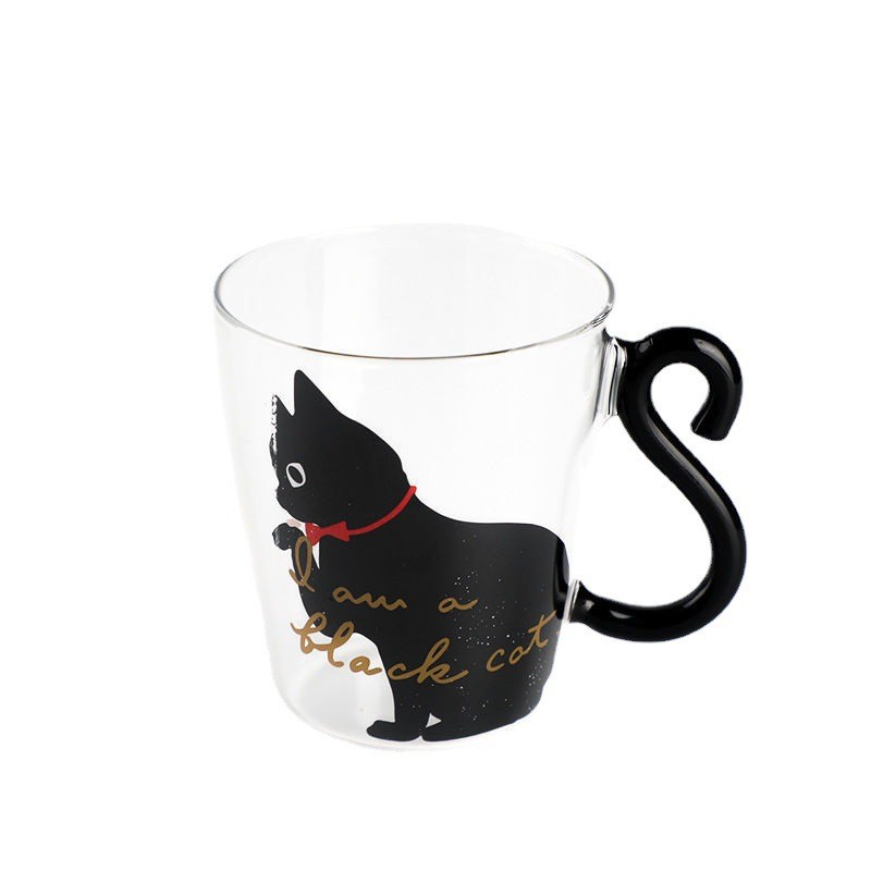 步慢堂日式猫咪带把玻璃牛奶杯