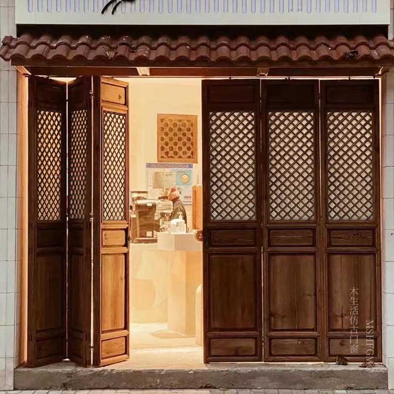 中式实木折叠推拉门做旧仿古门窗花格移门复古东阳木雕轨道格栅门