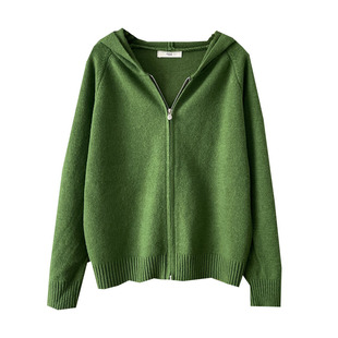 秋冬显白绿色浣熊绒连帽双拉链针织衫短款插肩袖开衫毛衣外套女