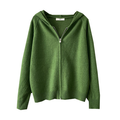 秋冬绿色浣熊绒连帽双拉链针织衫