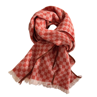 红色纯山羊绒围巾女士冬季100棋盘格围脖高级感格子轻奢高端薄款