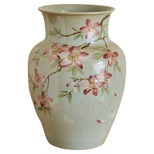 梵悦 景德镇手工复古宽口手绘桃花陶瓷花瓶可蓄水茶室家居花器