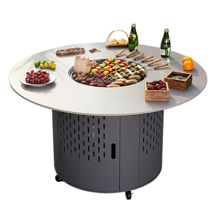 户外庭院岩板烧烤桌家用圆形烧烤炉别野院子木炭烤肉炉取暖烤火炉