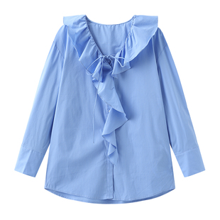 CUBIC塔桥春宴 条纹V领宽荷叶边系带微弧形下摆休闲衬衫