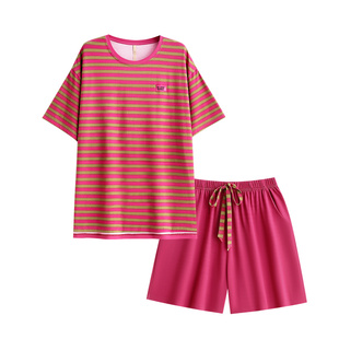 家乐芬睡衣女款夏季短袖短裤莫代尔棉家居服夏天时尚休闲条纹圆领