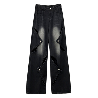 帅气镂空设计黑色破洞牛仔裤