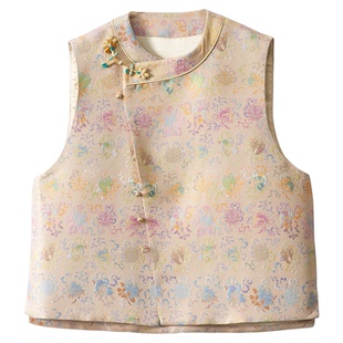 丝艺 100%桑蚕丝织金宋锦提花真丝国风马甲女新中式背心外套开衫