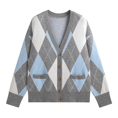 学院风撞色菱格针织开衫外套女
