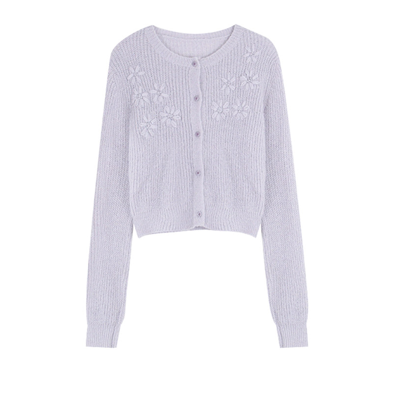 早秋紫色刺绣花朵毛衣开衫女韩系高级感上衣漂亮温柔风软糯针织衫