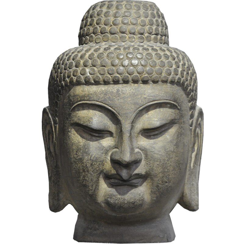 仿古做旧青石雕刻佛头释迦摩尼坐佛带底座佛头石头摆件佛堂装饰品