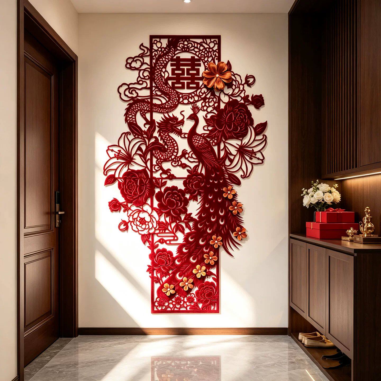 红色龙凤镂空植绒窗花剪纸婚房喜字婚礼订婚结婚新娘晨袍拍照装饰