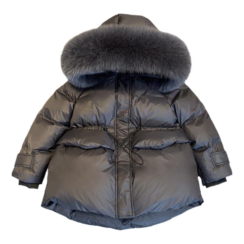 女童大狐狸毛领中长款羽绒服白鸭绒韩版女孩宝宝滑雪衣蓬蓬裙亲子