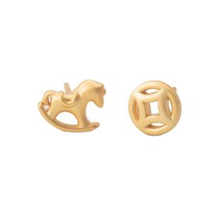 猫蛰S925纯银木马铜钱币不对称耳钉金色喜庆女生耳饰品本命年招财