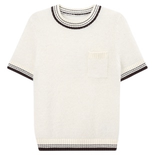 THESOONG/索伦托 羊驼毛绒面肌理撞色坑条女士圆领短袖毛衣7902