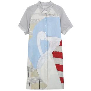 谜底连衣裙短袖女2025夏新品航海系复古风衬衫裙H型裙252ML0653