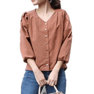 RANDA 春夏新款ol风长袖泡泡袖高级感上衣T恤罩衫通勤 BB01107