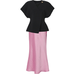 2026夏季新款V领短袖收腰法式衬衫高腰A字条纹开衩半裙套装潮