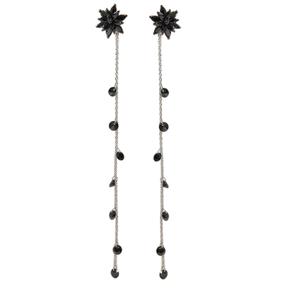 TLZ气质耳线流苏后挂式长款耳钉耳环黑色锆石冷艳立体花韩国耳饰