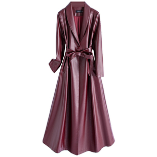 2025新款真皮皮衣女中长款修身过膝绵羊皮大衣外套系带收腰皮风衣