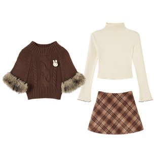 织物猪 榛果可可 秋冬复古美拉德斗篷毛衣套装女短裙打底衫三件套