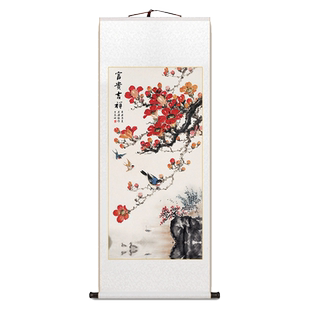 喜上眉梢玄关画新中式客厅装饰画梅花卷轴挂画中国风茶室花鸟壁画