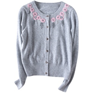 春秋冬新品女士纯手工绣花低圆领高腰羊绒小开衫灰色针织毛衣外套