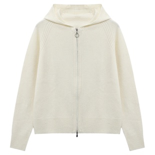 百家好连帽羊毛针织衫外套冬季新款女士灰色宽松慵懒拉链加厚毛衣