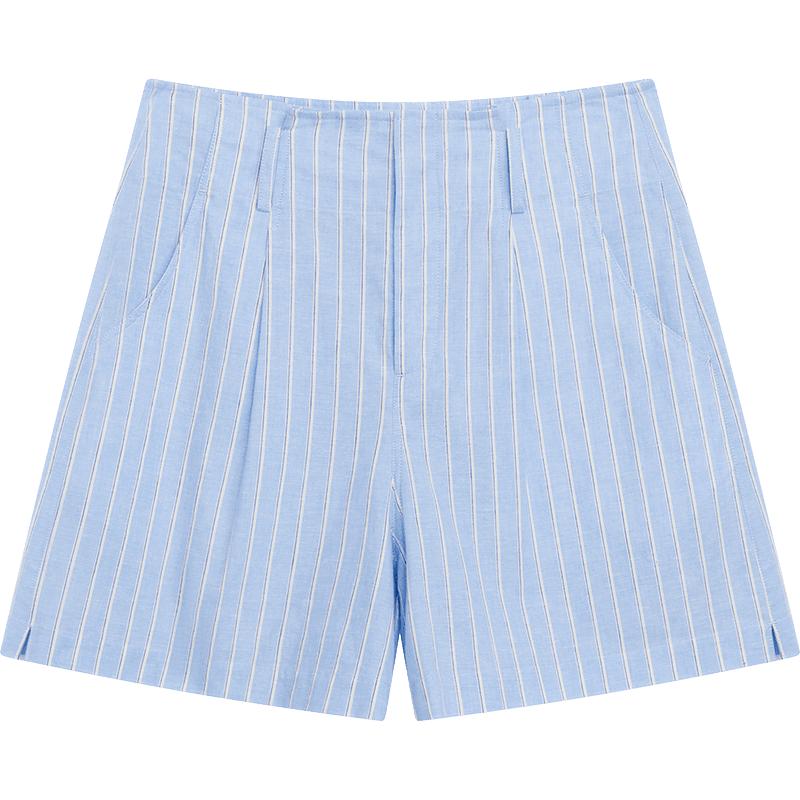 【播奥莱】播夏季亚麻条纹短裤女OL风高腰直筒五分裤DDR2KD5755