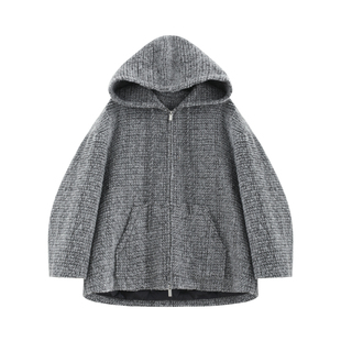 【安霂】定纺羊毛艺术花呢+90白鹅绒连帽廓形小香外套羽绒服-5116