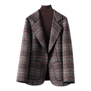 毛呢外套女短款西装领修身一粒扣千鸟格高档气质大衣秋冬新款呢子