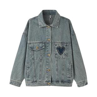 mc2翻领牛仔外套女春秋季新款爱心剪边宽松bf短款时尚流行好看洋