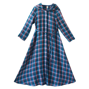 5折【青春绽放】复古亚麻蓝方格子风衣女秋季连帽收腰设计感外套