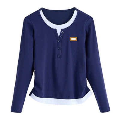 假两件纯棉长袖T恤女春秋季新款蓝色修身短款上衣正肩漂亮打底衫