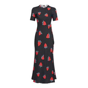 MSGM早春新款女士草莓印花系带短袖收腰连衣裙长裙