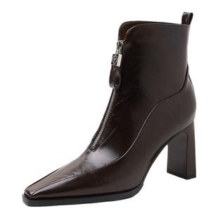 两种跟高~5cm/8cm粗跟真皮前拉链短靴女秋冬新款方头及踝马丁靴