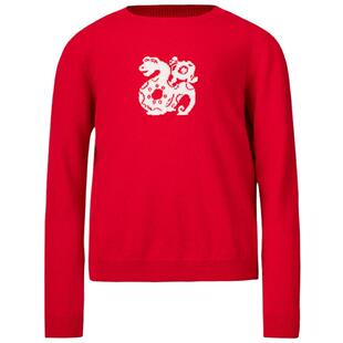 皮皮狗男女童装秋冬新款圆领卡通撞色红色提花羊绒衫