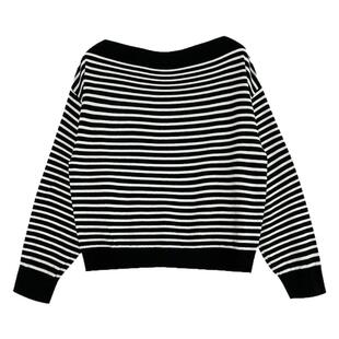 可斜肩老钱风高几感一字领针织衫潮~秋装设计感黑白条纹上衣气质