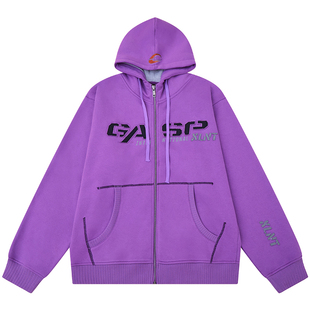 新款美式厚重拉链外套健身连帽运动服加绒开衫猛男紫色卫衣隐藏款