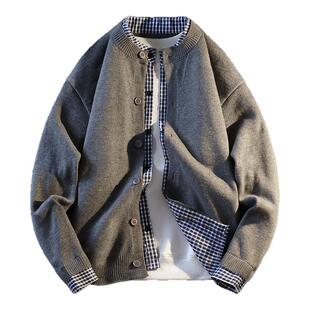啄木鸟男士格子拼接假两件针织开衫外套长袖毛衣男2025新款线衣服