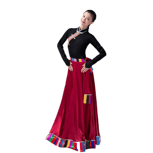 藏族舞蹈酒红色大摆裙卓玛民族舞考级练习裙爱在思金拉措广场舞