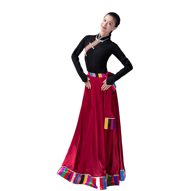 酒红色藏族舞蹈图玥百搭民族裙