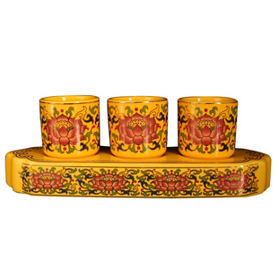 中成陶瓷礼佛供水杯佛堂贡杯唐彩净水杯佛法僧三连套供杯莲花供杯