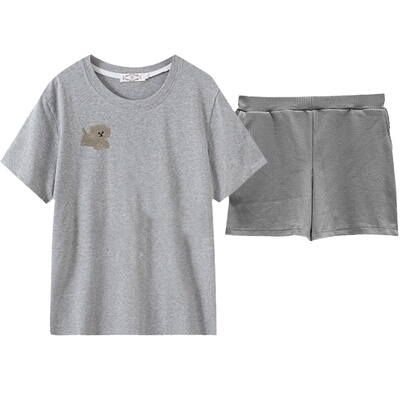 睡衣夏女纯棉简约短袖家居服套装