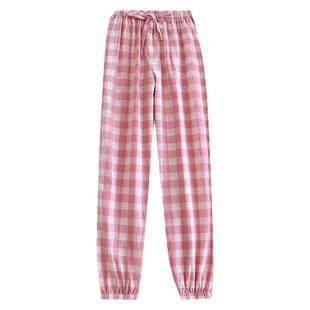 情侣睡裤女春秋季薄款休闲格子男纯棉水洗平布收口束脚家居裤长裤