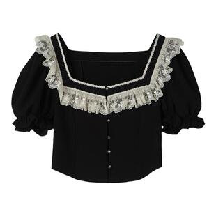 【清仓特惠】DIDDI MODA 蕾丝花边方领上衣女高级感短款开衫