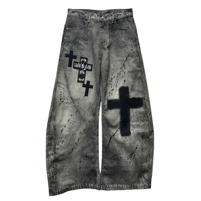 Miub美式废土做旧泼墨阔腿弯刀裤