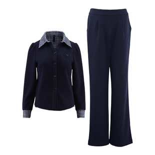 马天奴2025冬新款墨蓝拼接格纹翻领外套直筒裤子长裤两件套装女