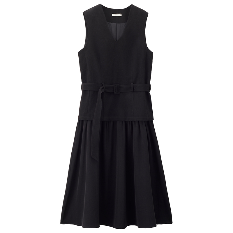 设计师款佐丹奴无袖裙子女黑色假两件V领腰带背心连衣裙18465709