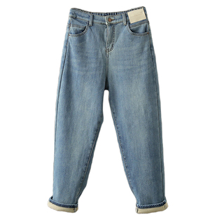 秋冬大码200斤浅蓝色加绒加厚哈伦牛仔裤复古宽松休闲老爹萝卜裤