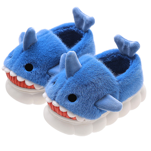 儿童鲨鱼棉拖鞋冬季可爱卡通男孩女童加厚底防滑保暖居家包跟棉鞋